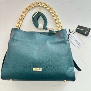 Viola Castellani Made Italy Genuine Leather Handbag Chunky Chain Accent Green